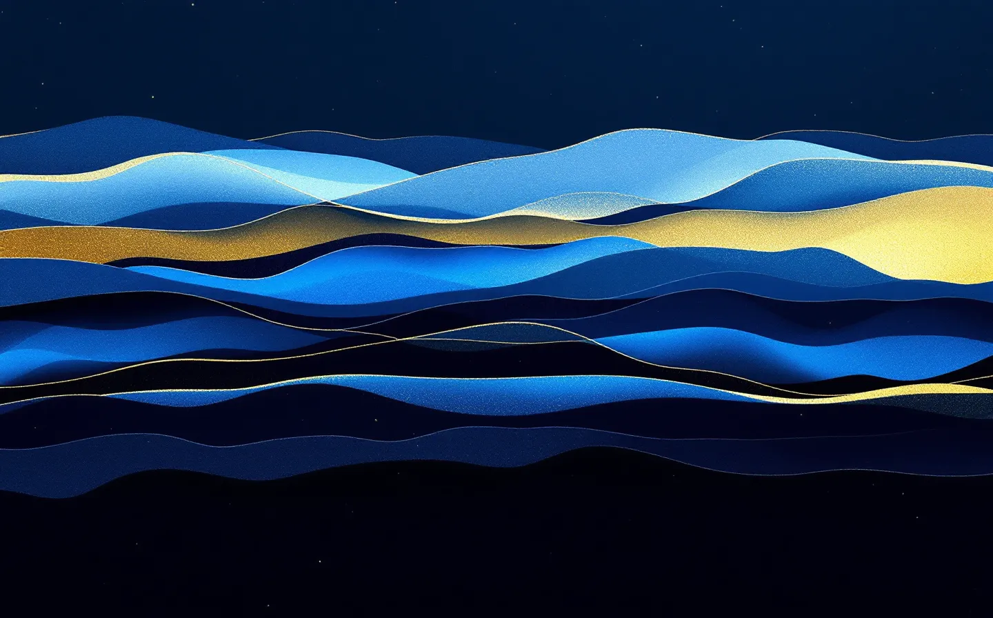 A calm single-hue sapphire-monochrome abstraction of four stacked tonal bands representing the four peptides of the KLOW blend sharing one field, on a deep sapphire-ink ground